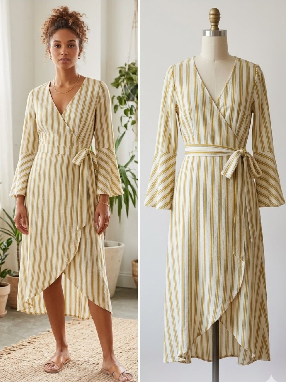 👗Moon River Yellow and White Striped Wrap Midi Dress